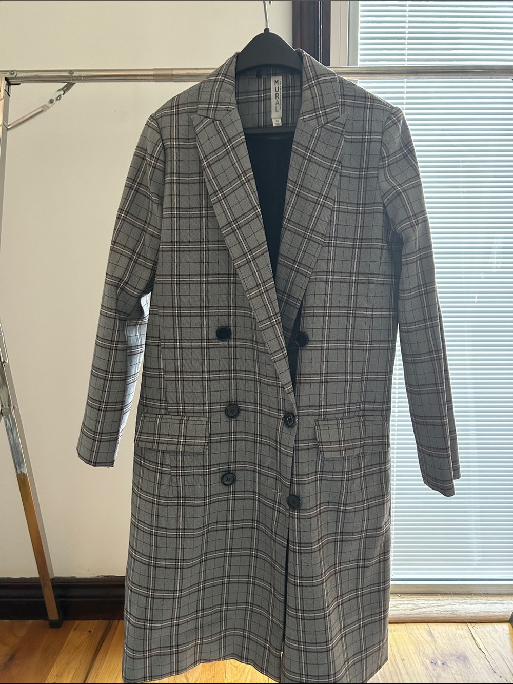 Mural Gray Plaid Double-Breasted Pea Coat